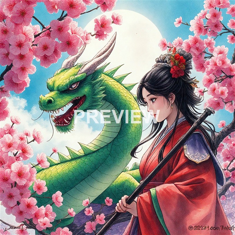 A young woman dressed in traditional Japanese attire holding a spear, standing beside a large green dragon with pink cherry blossoms and a full moon in the background.